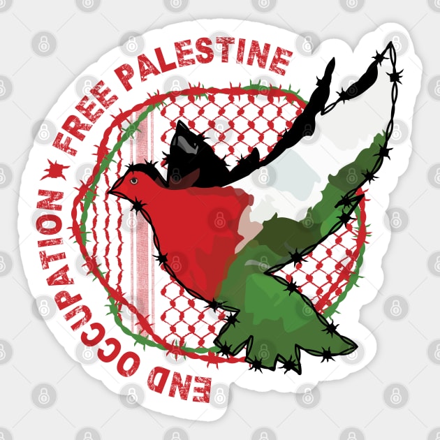 End Occupation Free Palestine with Palestinian Arabic Kufiya Hatta Pattern -red Sticker by QualiTshirt